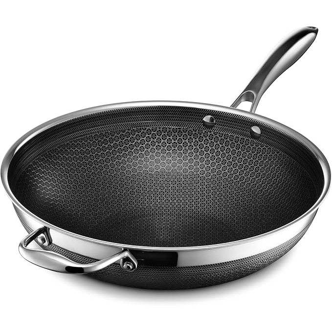 The HexClad Hybrid Nonstick 12-Inch Wok is a versatile and durable kitchen tool designed for cooking a variety of dishes. The wok features a unique hexagon design with a combination of stainless steel and nonstick coating, providing the best of both worlds in terms of cooking performance.