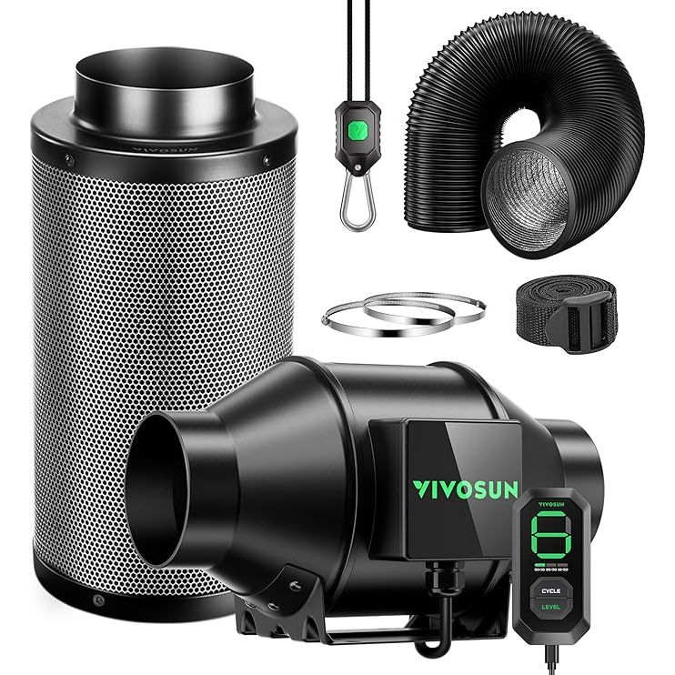 The VIVOSUN Smart Air Filtration G4 Kit is a comprehensive and efficient ventilation system designed for use in grow tents, indoor gardening, and hydroponic setups. This kit includes an AeroZesh G4 Inline Duct Fan with an E12 speed controller, a carbon filter, and 8 feet of ducting.