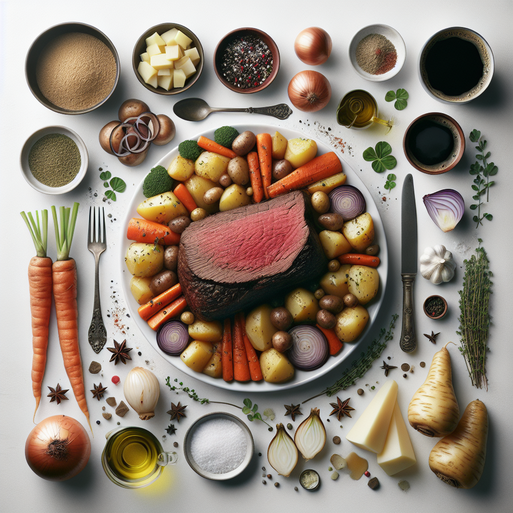 Irish Roast Beef with root vegetables is a hearty and homey dish that showcases the simplicity and robust flavors of Irish cuisine. A beef roast, typically a chuck or brisket cut, is seasoned with salt, pepper, and traditional herbs before being seared to a beautiful brown crust.