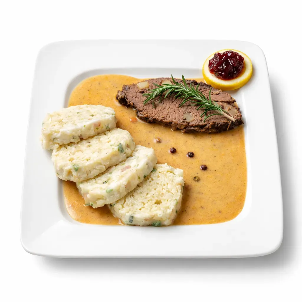 Svíčková na smetaně, a beloved Czech delicacy, offers a taste journey into central European culinary tradition, featuring tender beef sirloin in a sweet and sour root vegetable gravy, paired with fluffy bread dumplings for a rich and festive meal.
