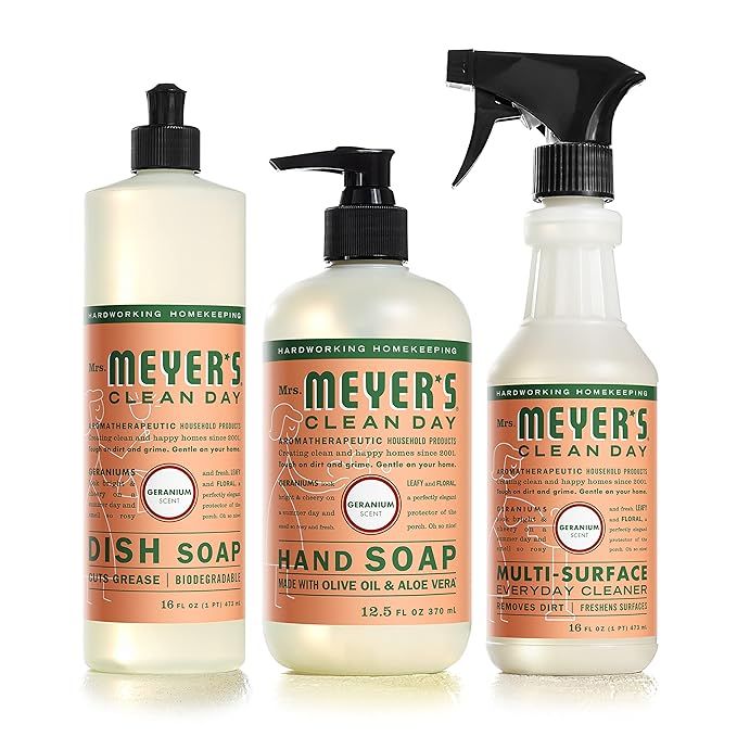 Mrs. Meyer's Clean Day Kitchen Essentials Set includes three essential products to keep your kitchen clean and fresh. The set includes a Hand Soap, Dish Soap, and All Purpose Cleaner, all in the refreshing Geranium scent. This set is perfect for tackling kitchen messes and keeping surfaces clean and sanitized.