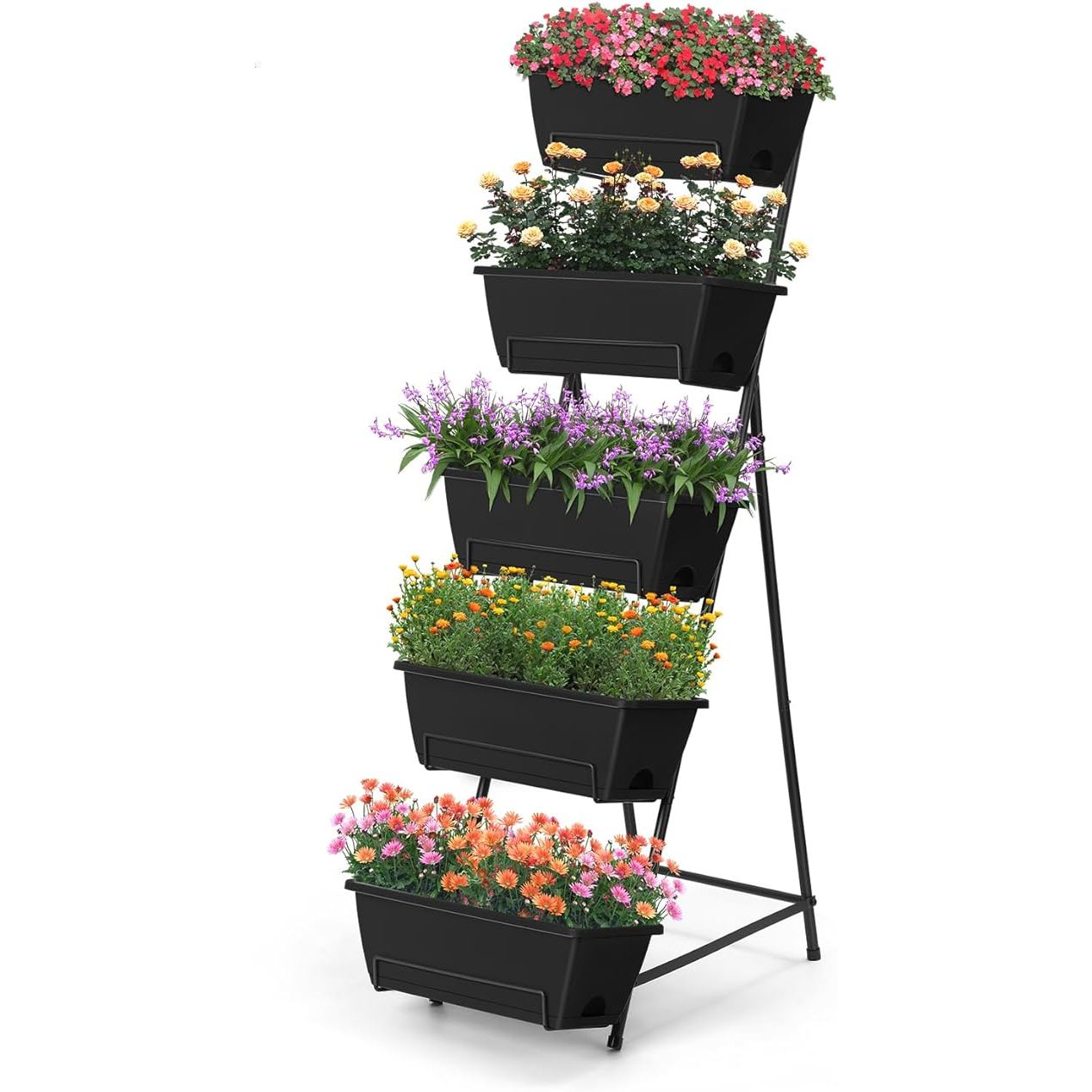 The 5 Tier Vertical Raised Garden Bed Planter Box is a space-saving and efficient way to grow herbs, flowers, vegetables, and plants indoors or outdoors. This planter box features five tiers of growing space, allowing you to maximize your planting area and grow a variety of plants in one compact unit.
