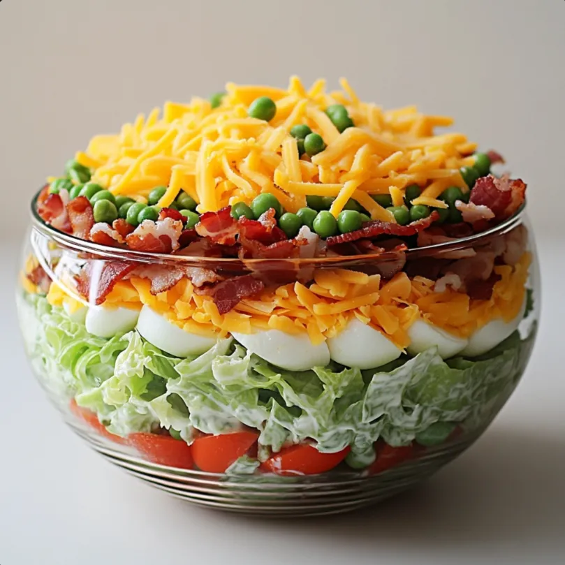 Seven Layer Salad is a classic American dish that is both visually appealing and deliciously satisfying. This salad layers a variety of textures and flavors, starting with a crisp lettuce base, followed by layers of savory bacon, sweet peas, hard-boiled eggs, sharp cheddar cheese, diced tomatoes, and green onions.