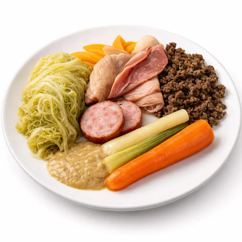 A traditional Breton dish featuring tender pork cuts, buckwheat pudding, and boiled vegetables, served with Lipig sauce.