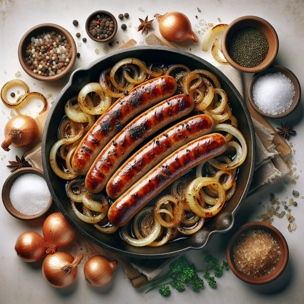 Bauernbratwürste with Onions is a hearty German dish featuring rustic farmer's sausages cooked to perfection with caramelized onions. The sausages are typically made from a mix of pork and spices such as marjoram, mace, and mustard seeds, offering a robust flavor profile. This dish is often pan-fried or grilled, allowing the sausages to develop a beautifully browned exterior while the onions become sweet and tender. It's a simple yet satisfying meal best enjoyed with a side of potato salad, sauerkraut, or crusty bread to sop up the flavorful juices. With its origins in German cuisine, this dish is perfect for a comforting, casual dinner or a festive Oktoberfest celebration.