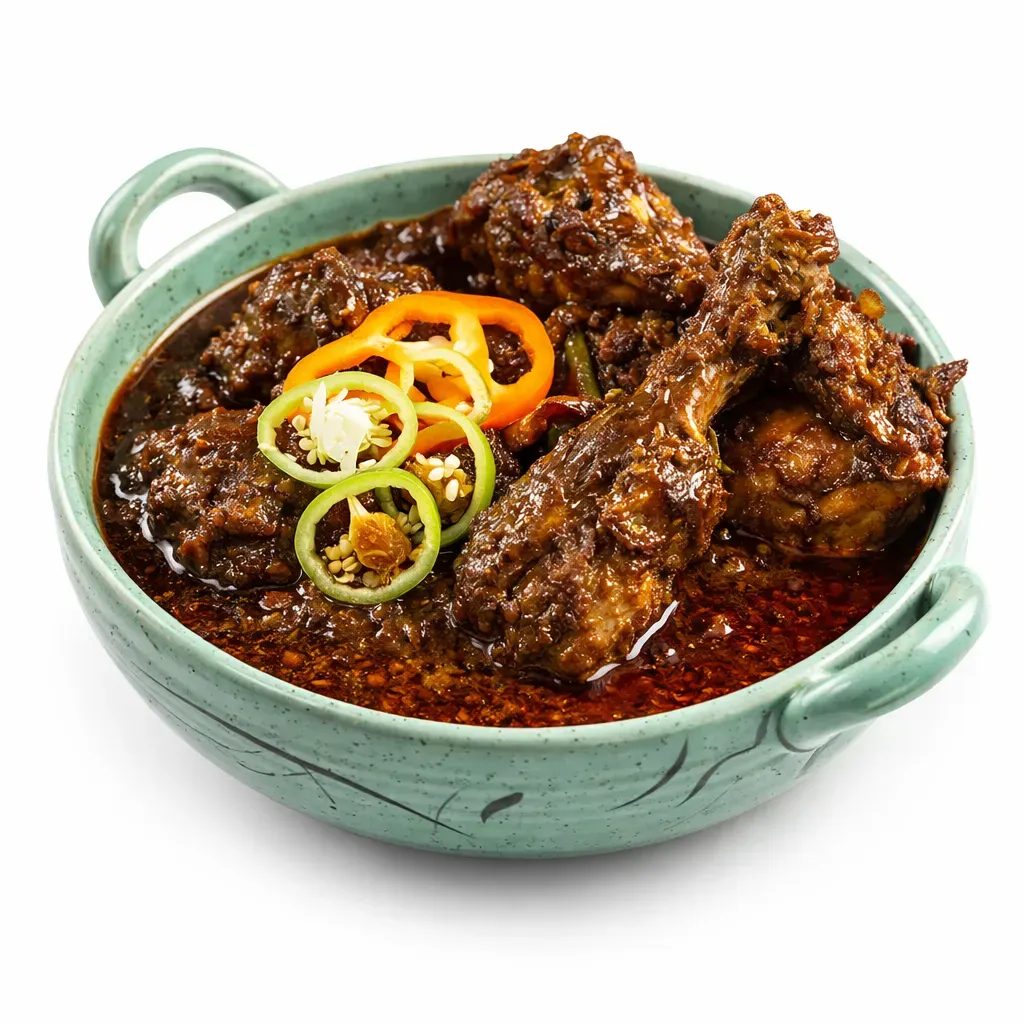 Dive into the rich and spicy flavors of traditional Sri Lankan cuisine with this Black Chicken Curry, characterized by a deep brownish-black color from dark soy sauce and finely ground black pepper, combined with the creaminess of coconut milk.