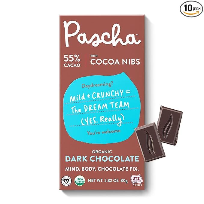 Pascha Organic Vegan Dark Chocolate Bars 55% Cacao with Cocoa Nibs is a delicious and indulgent treat for chocolate lovers. This pack includes 10 bars, each weighing 2.8 oz, making it convenient for snacking on-the-go or sharing with friends and family.