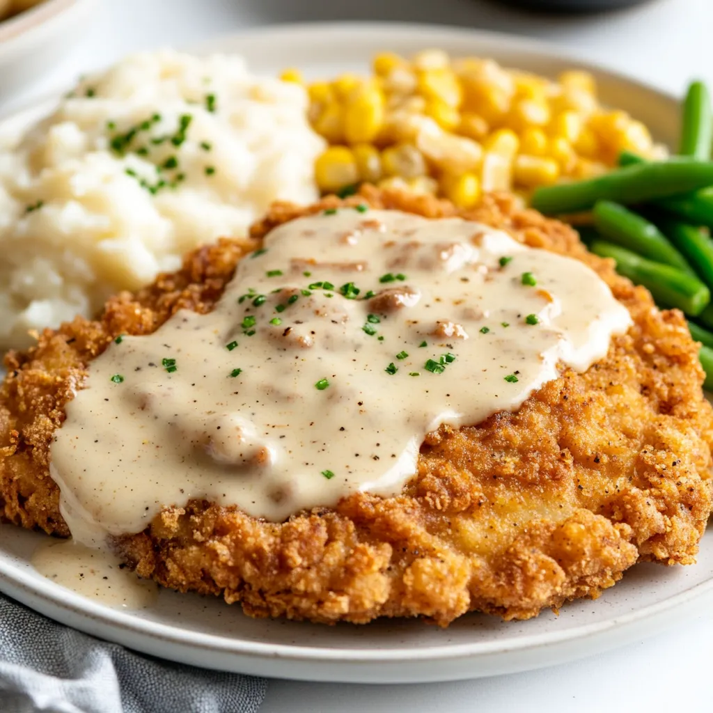 Chicken Fried Steak is a classic Southern comfort food that consists of tenderized beef steak that's been breaded with a seasoned flour mixture, pan-fried until golden, and typically served with a creamy white gravy. The texture is wonderfully crispy on the outside, with a juicy and flavorful interior, reminiscent of fried chicken, thus the name. It is often accompanied by sides such as mashed potatoes, green beans, or corn, making it a hearty meal. The dish is celebrated for its homestyle appeal and satisfying flavors, making it a staple on diner menus and a beloved family favorite at home. Description by ChatGPT.