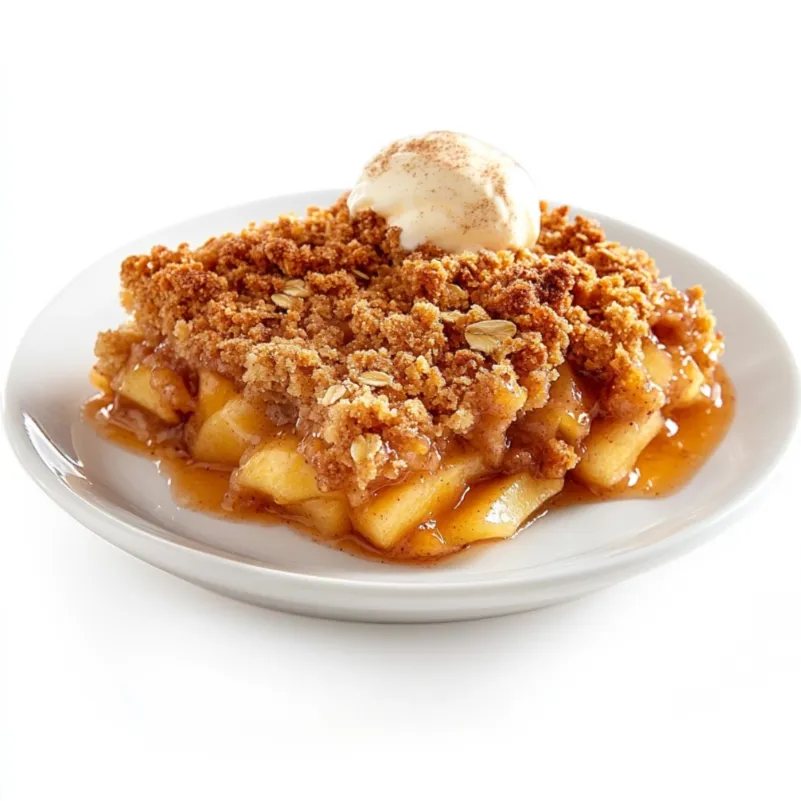 Apple Crisp is a classic dessert that features layers of juicy, tender apples topped with a crispy, crumbly mixture of oats, butter, cinnamon, and brown sugar, often baked until the apples are bubbling and the topping is golden brown.