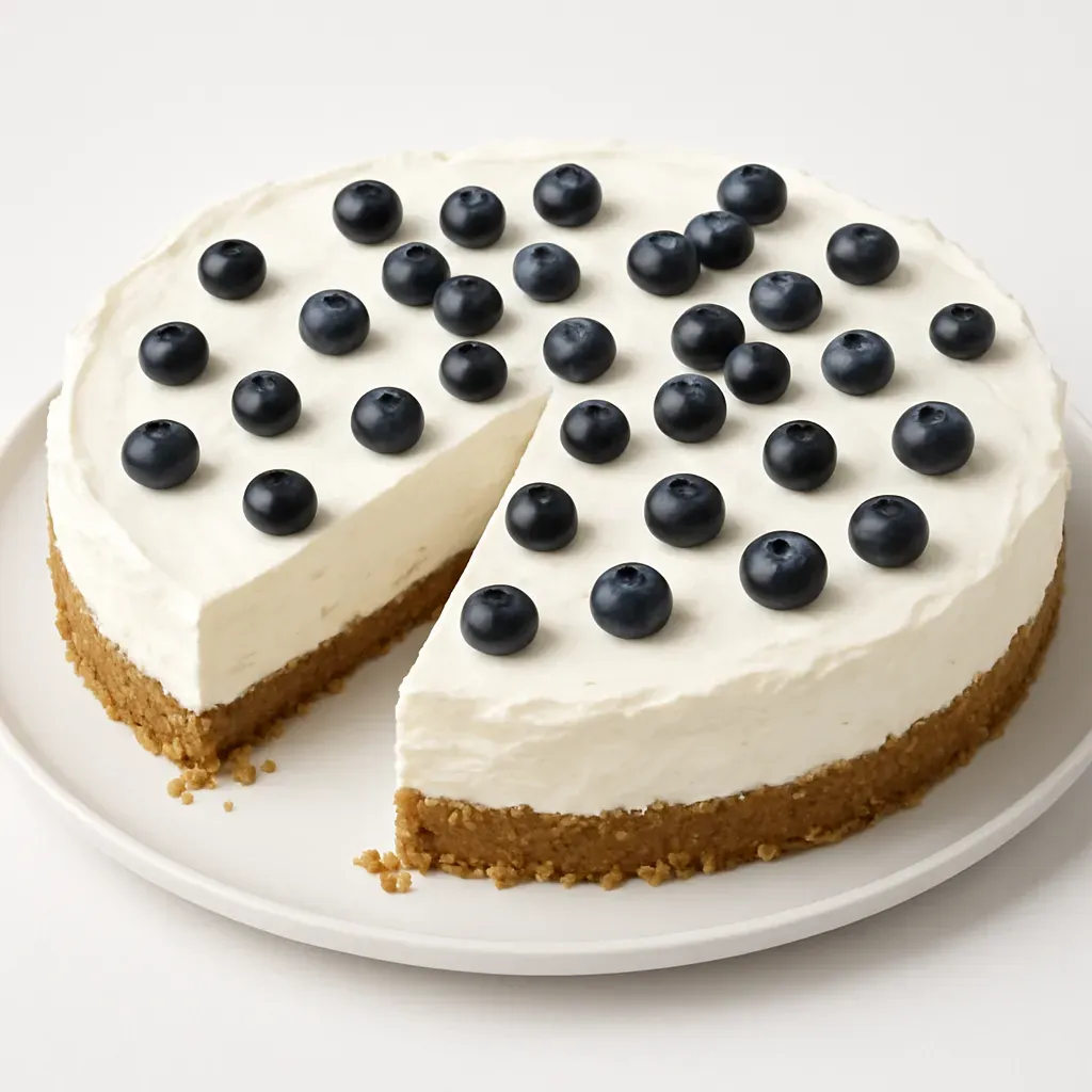 Delight in the refreshing flavors of Iceland with this traditional no-bake Skyr cake, featuring a crisp biscuit base and a creamy Skyr topping, highlighted by the tang of blueberries.