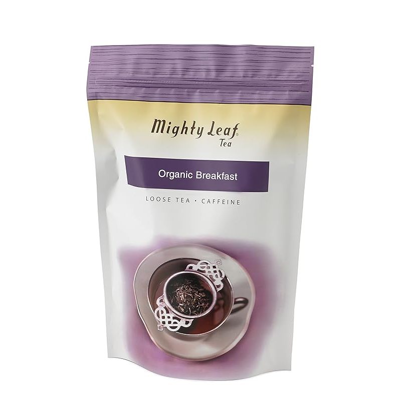 Mighty Leaf Loose Leaf Organic Breakfast Tea is a one-pound pouch of organic caffeinated black tea. This tea is versatile and can be enjoyed as a hot or iced beverage, and can be consumed plain or sweetened with honey or sugar to suit your taste preferences. The loose leaf tea can be steeped using a tea infuser or tea ball for easy preparation.