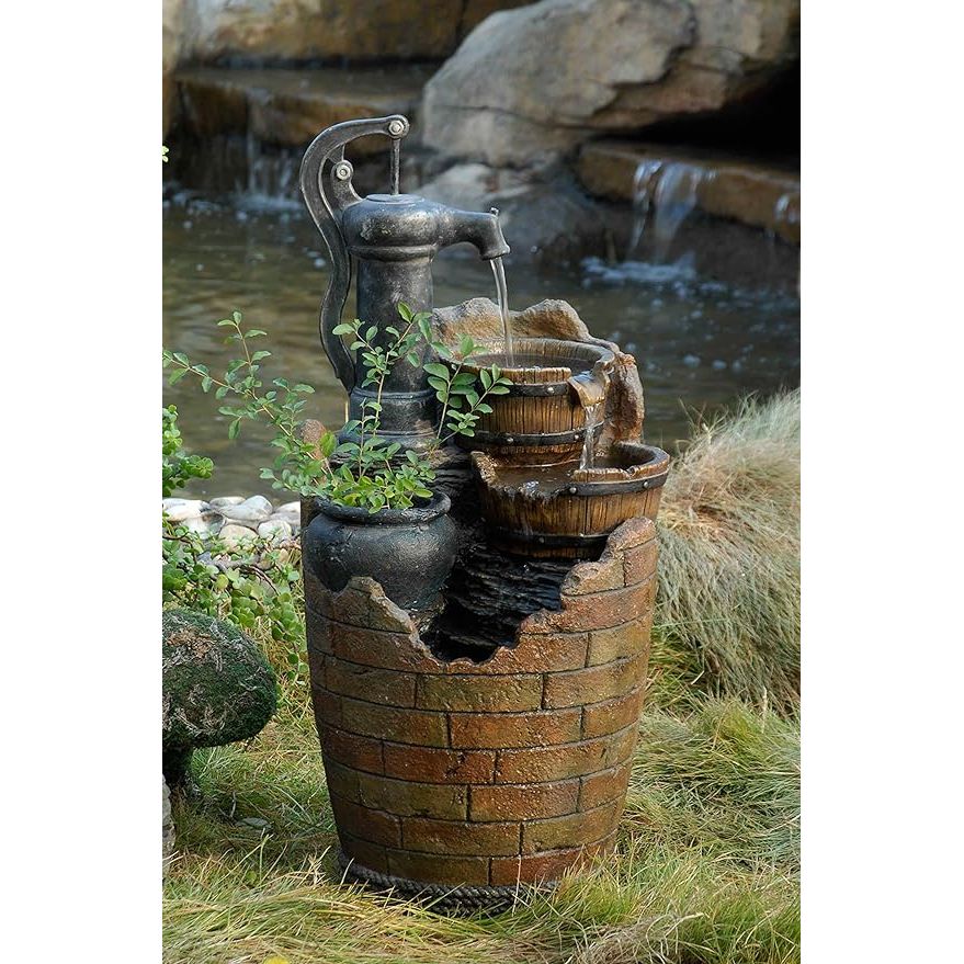 The Jeco Glenville Water Pump Cascading Water Fountain is a stylish and functional addition to any outdoor living space. This fountain features cascading water flowing from multiple tiers, creating a soothing and relaxing atmosphere. The brown and black color scheme gives it a natural and elegant look that will complement any outdoor decor.