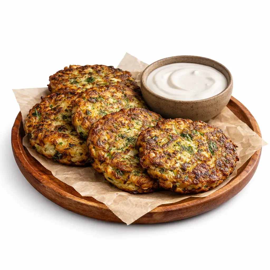Delight in these crispy Greek Zucchini Fritters featuring a crunchy exterior and soft, flavorful interior, perfect with a tangy yogurt dipping sauce for any occasion.