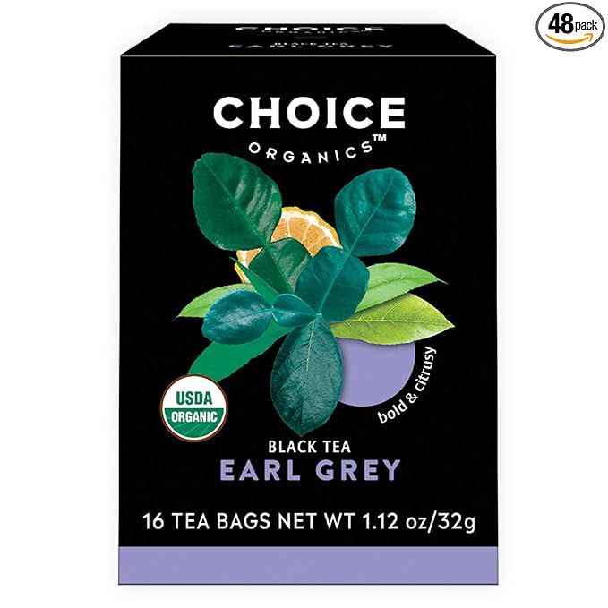 Choice Organics - Organic Earl Grey Tea is a premium, organic tea blend consisting of black tea infused with bergamot. This tea is sourced from fair trade certified farms, ensuring ethical practices and sustainable production. Each pack contains 48 compostable tea bags, making it an environmentally friendly choice for tea enthusiasts.