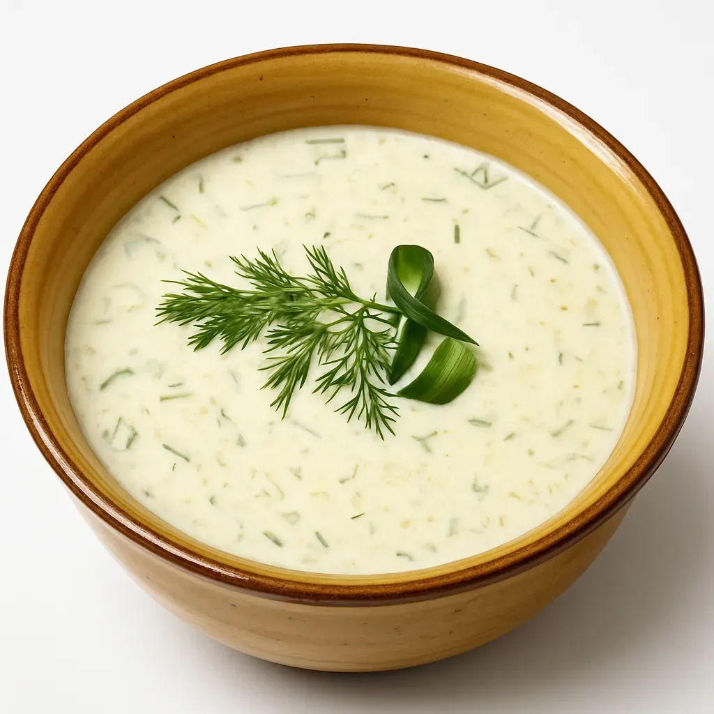 A refreshing and hearty Eastern European-inspired cold soup featuring hard-boiled eggs and fresh vegetables, ideal for summer.