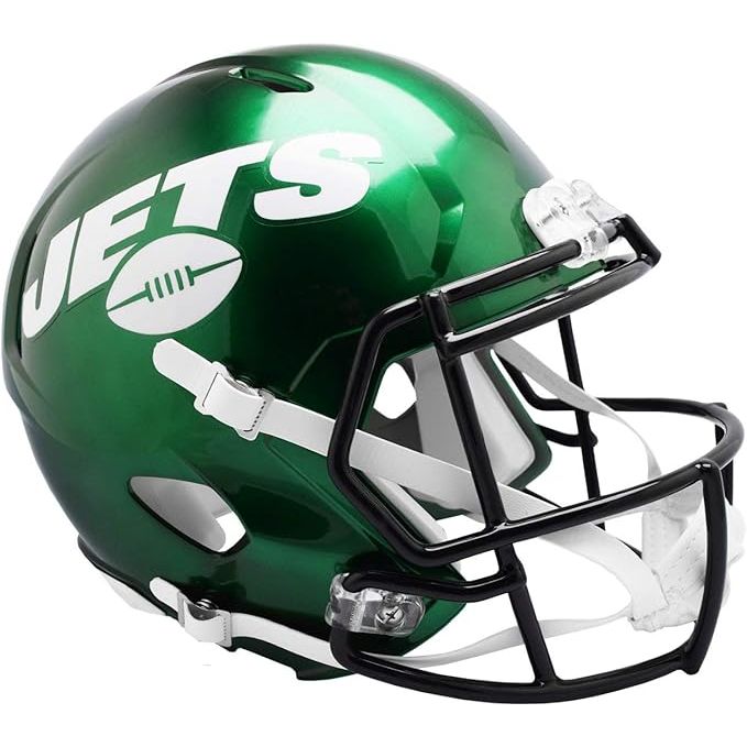 The Riddell NFL New York Jets NFL Speed Replica Football Helmet is a full-size helmet designed to replicate the look of the helmets worn by players on the New York Jets football team. The helmet is officially licensed by the NFL and features the team's iconic green and white colors, as well as the team logo on both sides.