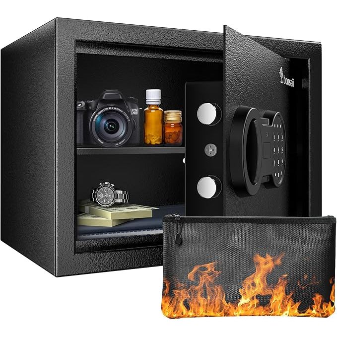 The Bonsaii Fireproof Safe Box with Electronic Keypad is a secure storage solution for your valuables, measuring 9.84 inches in depth, 13.78 inches in width, and 9.84 inches in height, with a capacity of 0.6 cubic feet. It features a removable shelf for customizable organization of your money, documents, jewelry, and other important items.