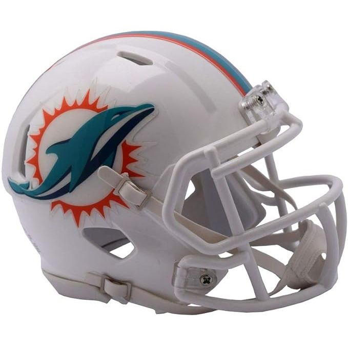 The Riddell NFL Miami Dolphins Unisex Replica Mini Speed Style helmet is a scaled-down version of the official helmet worn by players on the field. This mini helmet features the classic Miami Dolphins team colors and logo, making it a great addition to any fan's collection.