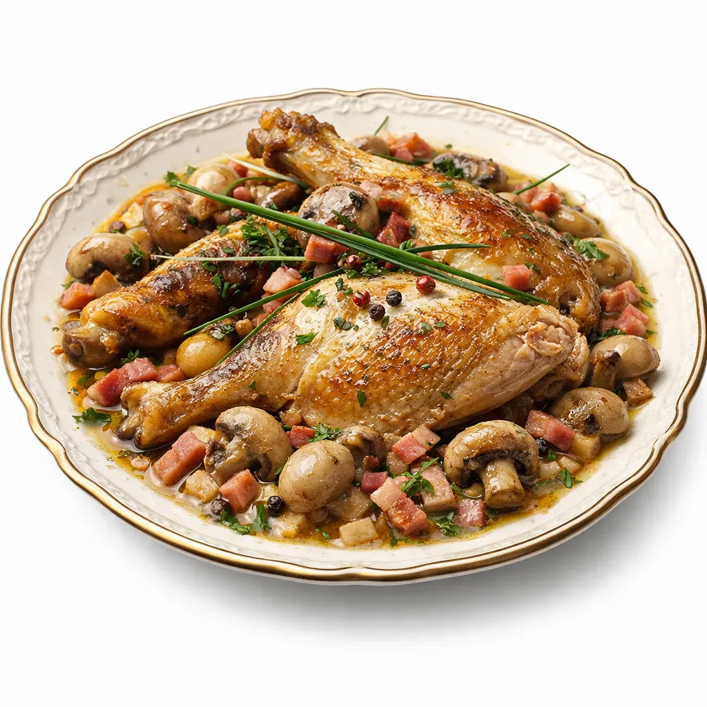 Indulge in the rich flavors of classic French cuisine with this gourmet 'Pintade au Riesling' recipe. This elegant dish features tender guinea fowl thighs combined with sautéed onions, earthy mushrooms, and crispy bacon, all infused with fragrant Riesling.