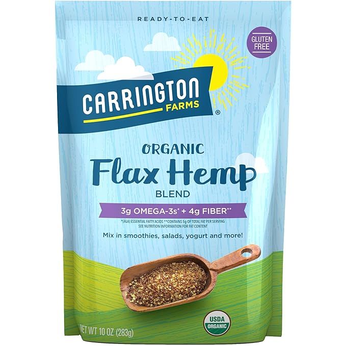 Carrington Farms Organic Flax Hemp Blend is a gluten-free, USDA certified organic product that comes in a 10-ounce package. This blend is made up of organic flax seeds and hemp seeds, providing a rich source of omega-3 fatty acids, protein, and fiber.