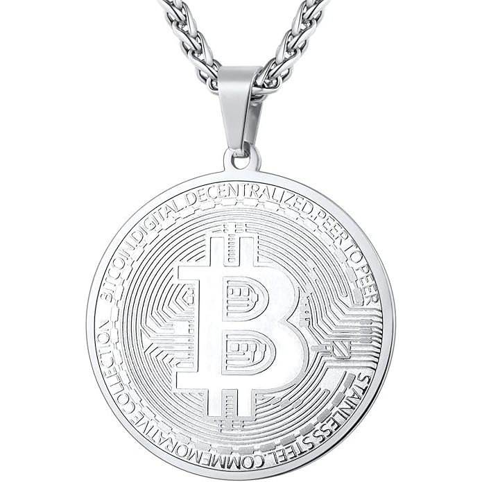 The U7 Bitcoin Chain for Men is a necklace made of stainless steel and plated with 18k gold, featuring a cryptocurrency pendant in the shape of the Bitcoin logo paired with a dollar sign coin medal.