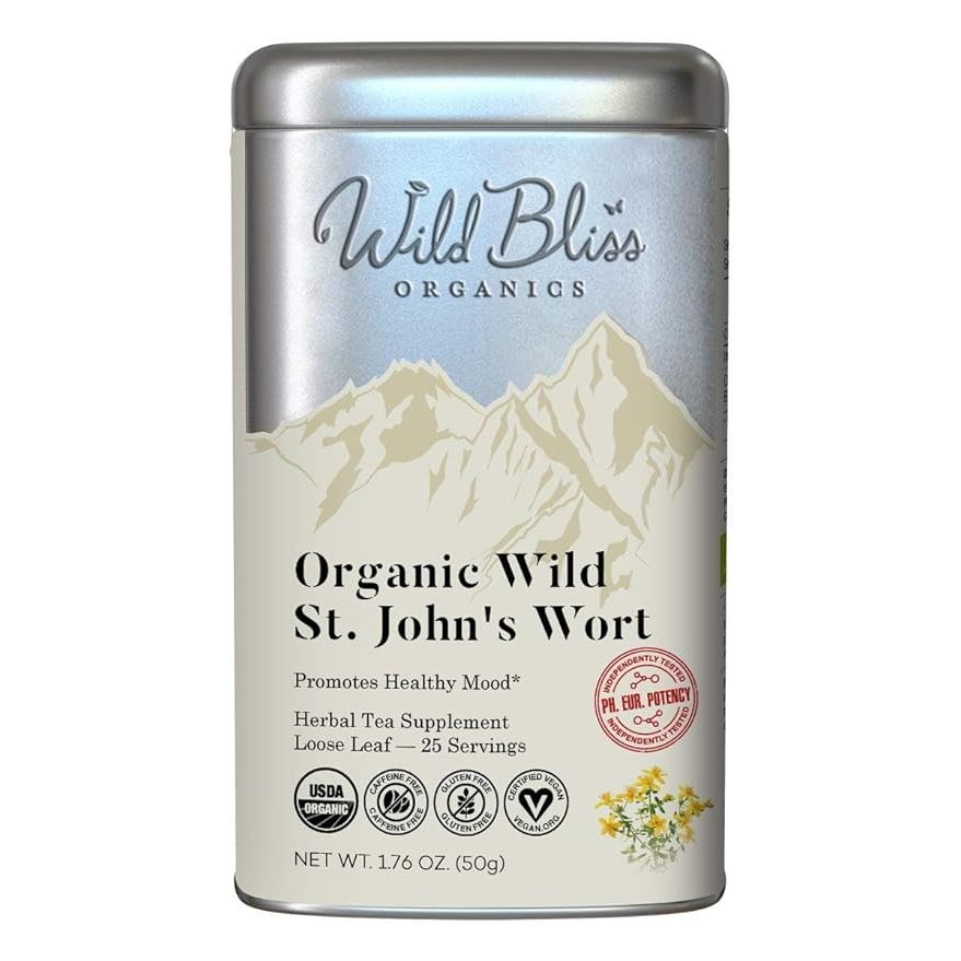 Organic St. John's Wort Tea is a caffeine-free herbal tea known for its mood support benefits. It is made from the dried flowers and leaves of the St. John’s Wort plant, which has been used for centuries in traditional medicine for its therapeutic properties.