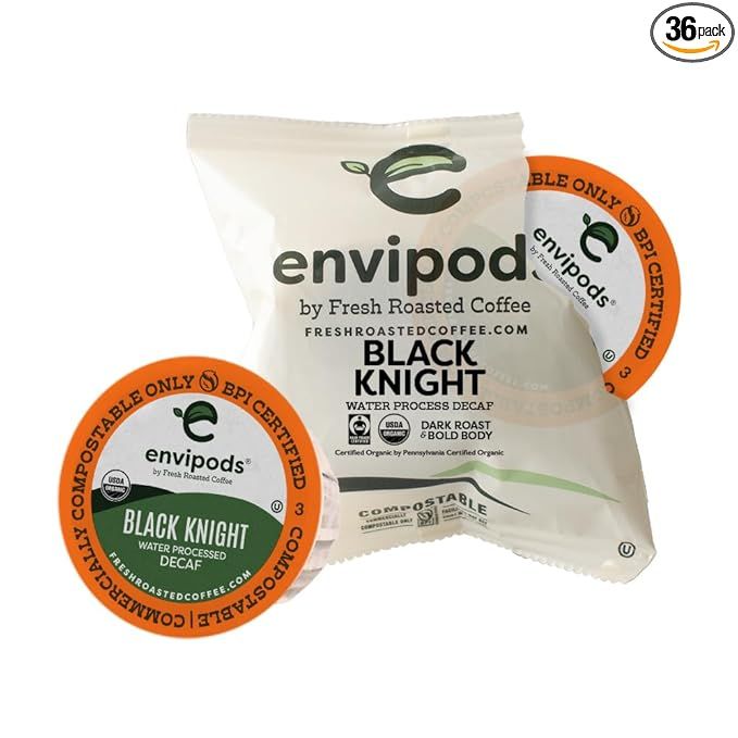 Fresh Roasted Coffee's Organic Black Knight Swiss Water Decaf envipods are a convenient and eco-friendly way to enjoy a dark roast, Fair Trade Kosher coffee at home or on the go. These pods are individually wrapped to ensure freshness and are compatible with 1.0 & 2.0 K Cup Brewers for easy brewing.