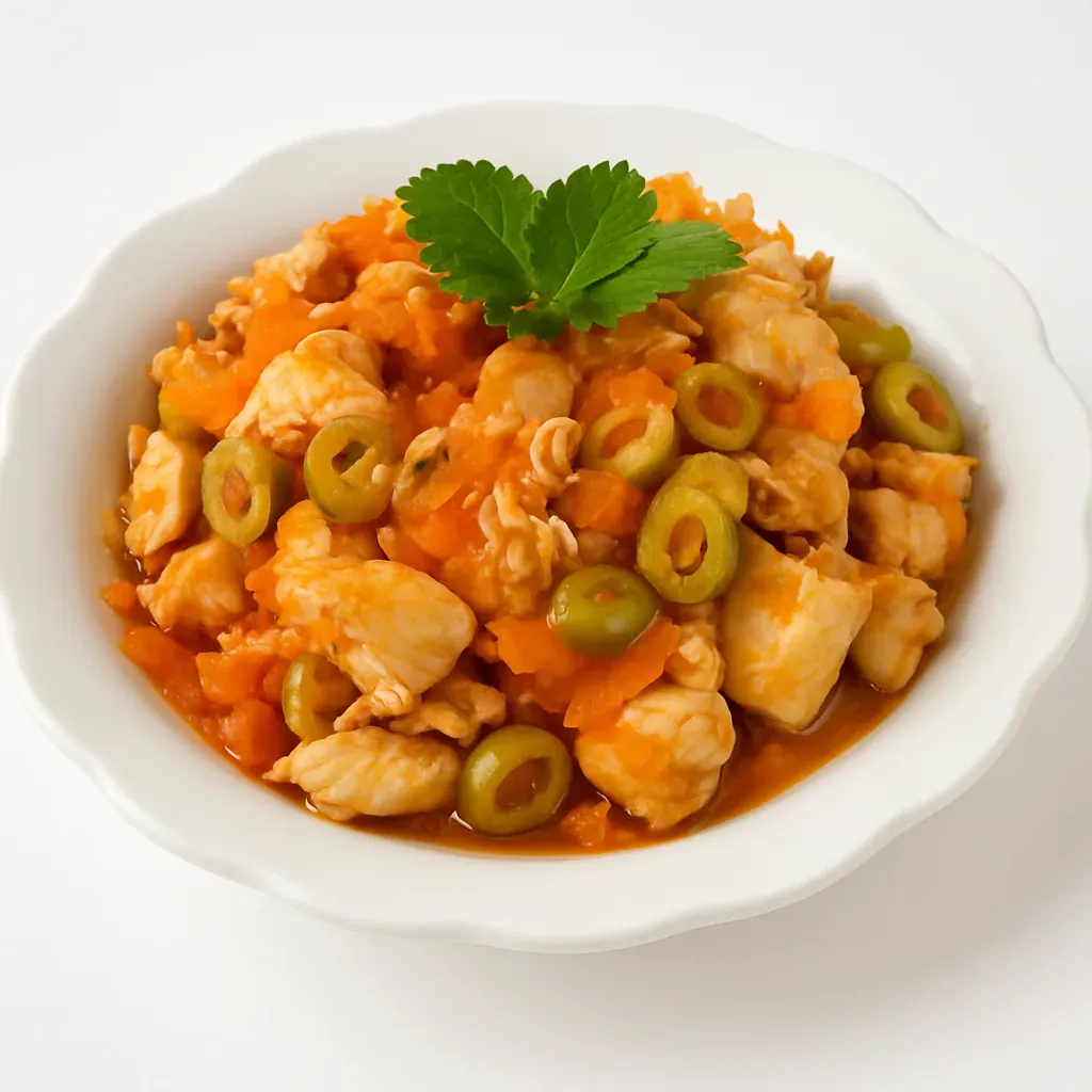 A flavorful chicken dish featuring marinated chicken breast with sautéed vegetables, stuffed olives, and a rich tomato sauce, perfect for a comforting dinner.