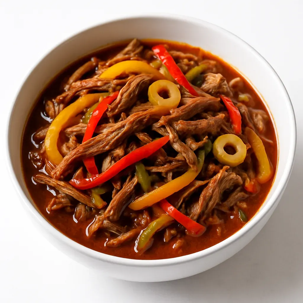 A traditional Cuban dish featuring braised flank steak, colorful bell peppers, olives, and a rich tomato sauce, yielding a delightful and hearty meal.