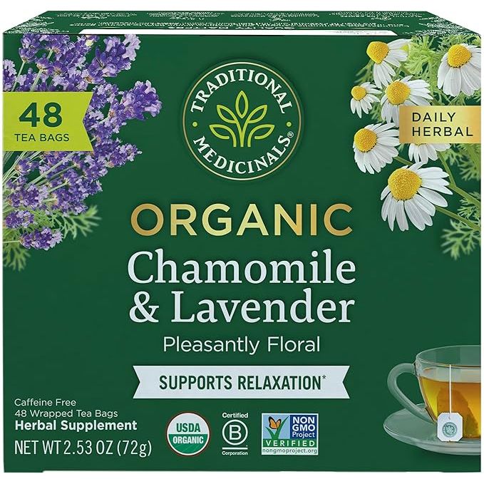 Traditional Medicinals Organic Chamomile & Lavender Tea is a stress-relieving herbal blend that comes in a box containing 48 tea bags. This tea is made with high-quality, organically grown chamomile and lavender flowers, which are known for their calming and soothing properties.