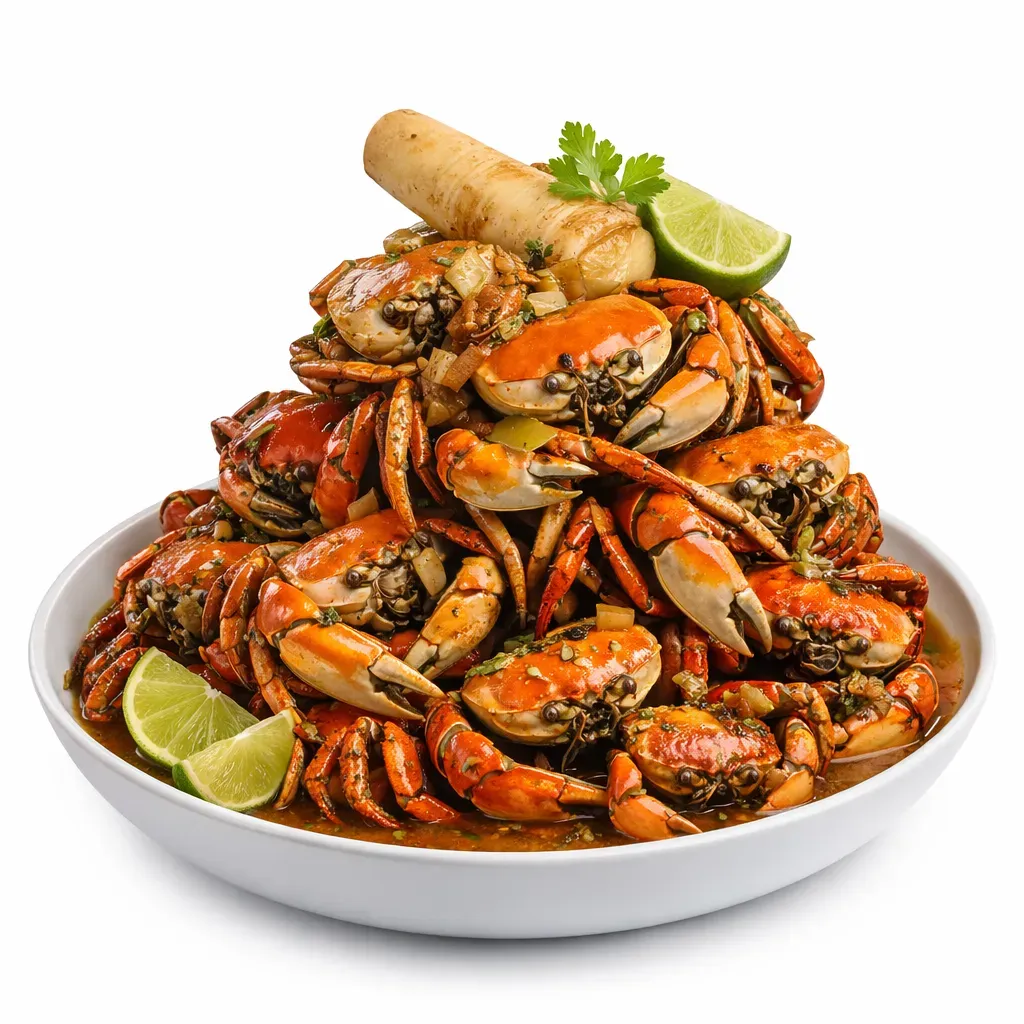 Experience the vibrant flavors of Ecuador with this traditional seafood dish featuring succulent crabs, aromatic herbs, and Pilsener beer, served with plantains and a spicy ají sauce.
