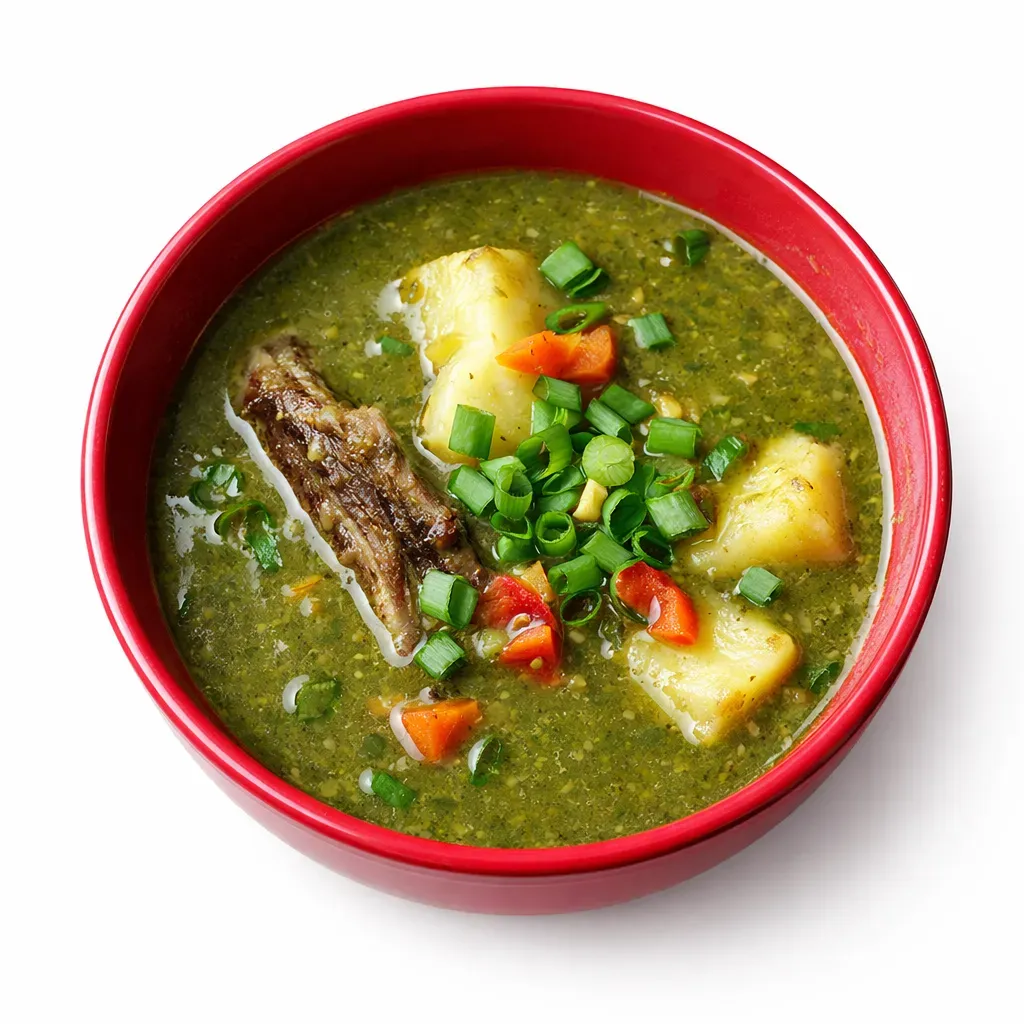 A rich and comforting soup made with leafy greens, root vegetables, coconut milk, and smoked chicken, celebrating the traditional Caribbean flavors of Dominica.