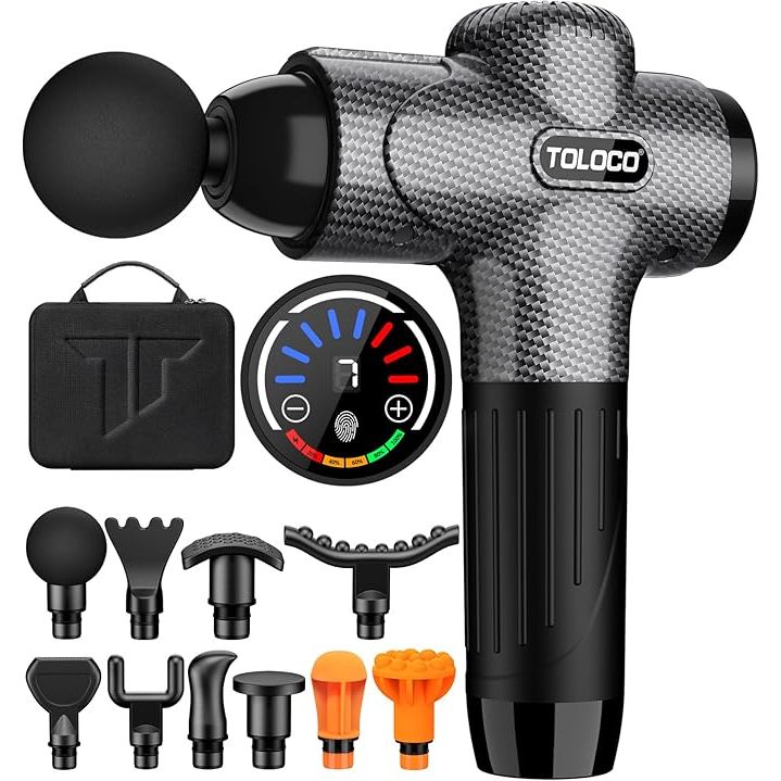 The TOLOCO Massage Gun is an upgraded deep tissue back massager that comes with 10 replacement heads, making it versatile for various massage needs. It is designed specifically for athletes to provide pain relief and relaxation after intense workouts. The percussion massage guns target deep tissue to relieve muscle soreness, stiffness, and tension.