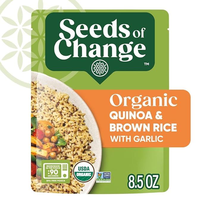 SEEDS OF CHANGE Organic Quinoa & Brown Rice with Garlic is a convenient and nutritious option for those looking for a quick and easy meal. This 8.5 oz pouch contains a blend of organic quinoa and brown rice, seasoned with garlic for a flavorful twist.