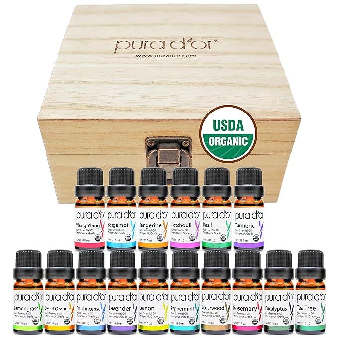 The PURA D'OR ORGANIC Sweet16 Essential Oils Set is a comprehensive aromatherapy gift set that includes 16 different 10ml bottles of essential oils. Each oil is 100% pure and therapeutic grade, making them ideal for relaxation and wellness purposes.