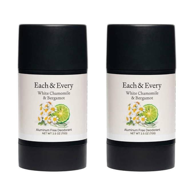 Each & Every 2-Pack Natural Aluminum-Free Deodorant is a gentle and effective option for those with sensitive skin. Made with essential oils, this deodorant provides a fresh and clean scent of White Chamomile and Bergamot. The plant-based packaging is eco-friendly and designed with sustainability in mind.