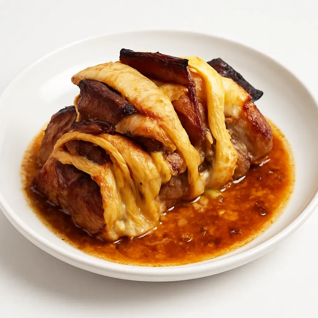 A delightful Estonian dish featuring succulent pork neck stuffed with smoky ham and cheese, perfect for impressing family and friends.