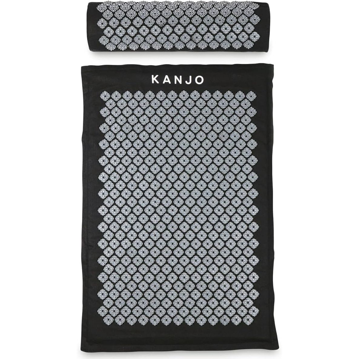 The Kanjo FSA HSA Eligible Premium Large Acupressure Mat and Pillow Set is designed to provide back and neck pain relief through acupressure therapy. The set includes a large mat and memory foam pillow, both covered in acupressure points that target various pressure points on the body.