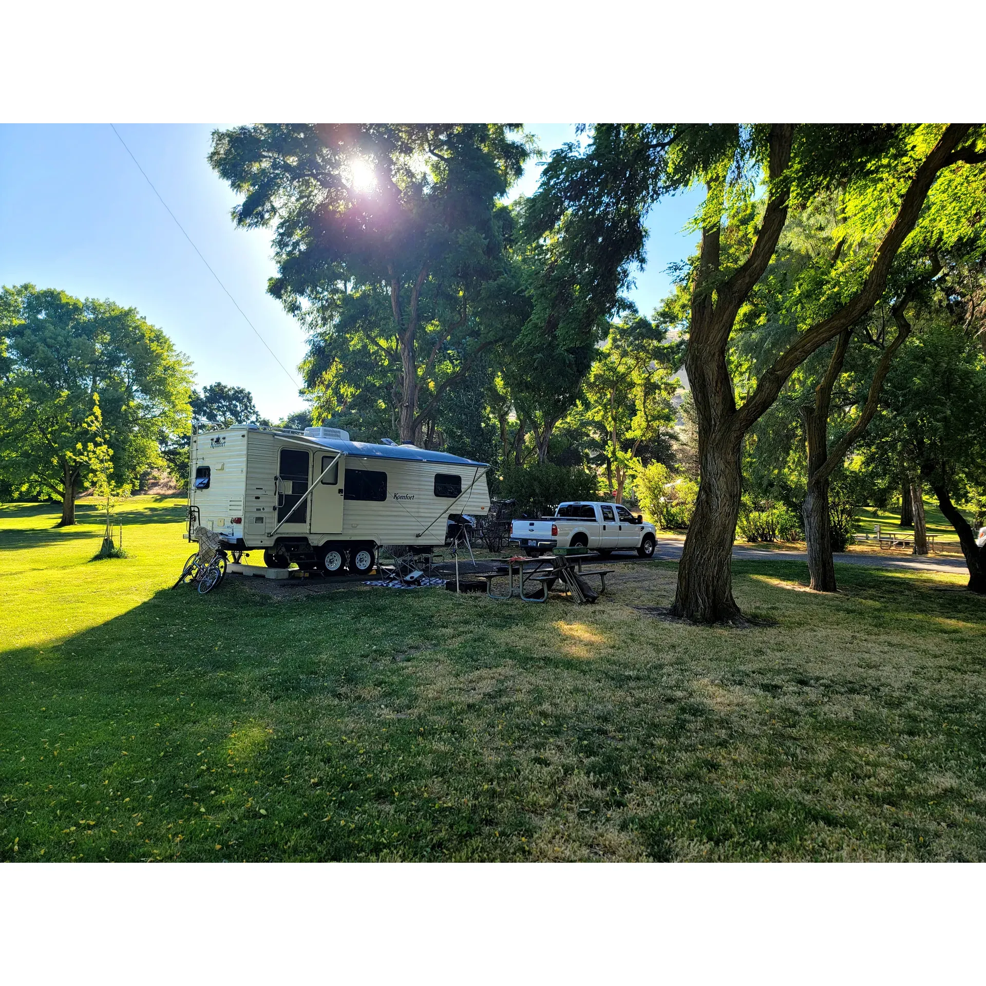 Set against the serene backdrop of a lush landscape, Deschutes River State Recreation Area Campground is an exceptional outdoor retreat where campers are greeted with the warmth and hospitality of attentive hosts and park rangers. The ambience of the campground is accentuated by the delightful symphony of birds, majestic trees, and the tranquil sounds of the river's springtime currents.

Guests are invited to indulge in the beauty of the area by setting up a tent or parking an RV in spacious sites with convenient water and electricity hookups. The affordability of camping is complemented by free day-use access, making this an ideal destination for all. Anglers and outdoor enthusiasts will appreciate the ample river access for fishing and a refreshing wade in the water, while strategically positioned picnic benches offer idyllic settings for riverside dining.

Wildlife watchers are in for a treat with the presence of geese and their adorable goslings, which add to the park's vibrant ecosystem. Even the spectacle of a silvery fish leaping from the water can be observed in this idyllic retreat. For those who prefer the simplicity of nature, the campground has pristine, flat walking trails following the river's course.

Cleanliness and orderly facilities are a pride of this campground, with immaculate showers and well-kept grounds. Visitors looking for gentle hikes will find solace on the trails, and the bird-watching opportunities are ample for those keen to observe the local aviary population.

Whether settling in for a night or lingering for a peaceful weekend by the river, guests will find well-organized sites with sufficient parking and stunning views of the water. Convenience is considered, with only one vehicle permitted per site to maintain the calm of the campground. Strolls nearby beckon those looking to engage in tranquil bird watching or an invigorating walk.

Well-maintained and wonderfully clean, the campground is an oasis for relaxation and outdoor enjoyment. While the whispering winds may tell stories of nature's whims, they only add to the authenticity of the camping experience, ensuring visitors cherish the memories made at this beautiful riverside sanctuary. Description by ChatGPT.