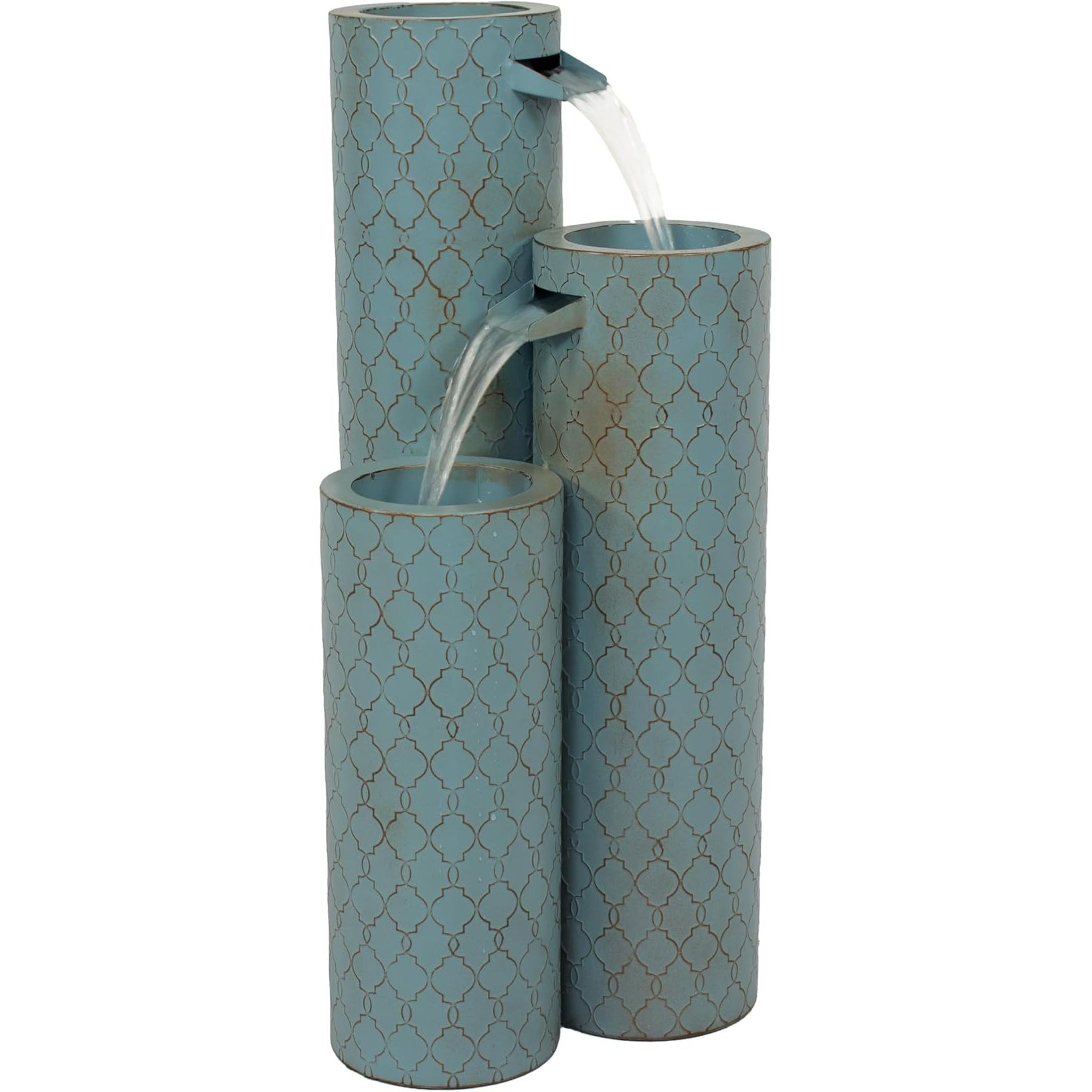 The Sunnydaze Moroccan Trellis 3-Column Modern Outdoor Water Fountain is a stylish and contemporary addition to any outdoor space. This fountain features a Moroccan trellis design with three cascading columns, creating a soothing and relaxing water feature.
