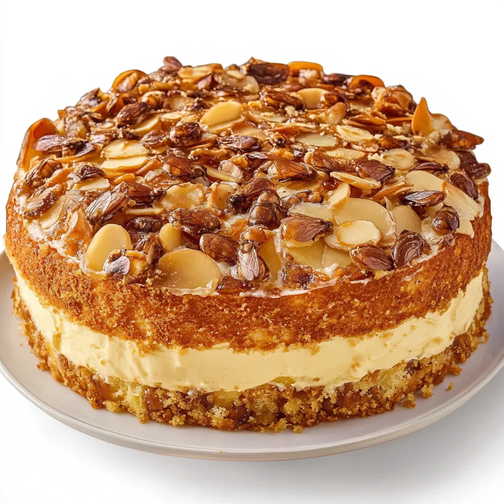 Bienenstich, also known as Bee Sting Cake, is a classic German dessert that’s composed of a sweet, yeast dough with a creamy custard filling and a crunchy honey almond topping. The cake gets its unique name from the honey-glazed almonds that are said to resemble the effect of a bee sting. It is typically a two-layered cake, with the bottom layer being the bread-like yeasted cake, the middle layer a thick vanilla custard or cream, and the top layer featuring the caramelized almond honey topping. This indulgent dessert is perfect for celebrations and is meant to provide a sweet treat that balances the texture of soft cake with the crunchiness of the topping.