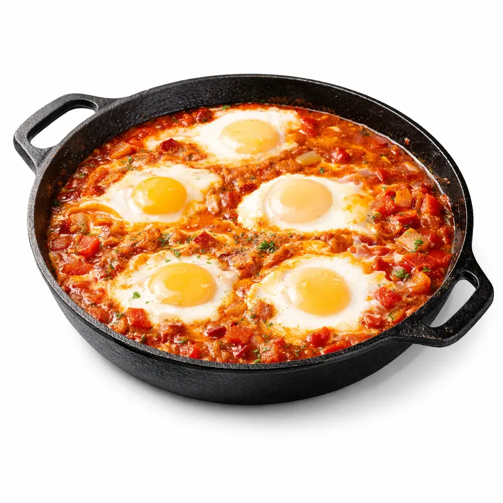 A flavor-packed Middle Eastern dish featuring poached eggs in a spicy tomato sauce, perfect for any meal of the day.