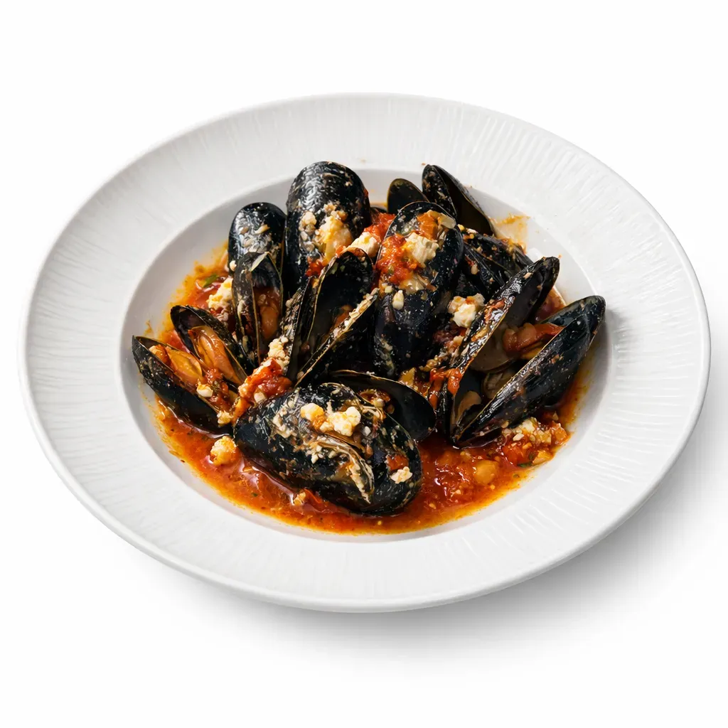 A classic Greek dish featuring fresh mussels cooked in a vibrant sauce made with vegetables and herbs, finished with crumbled feta cheese.