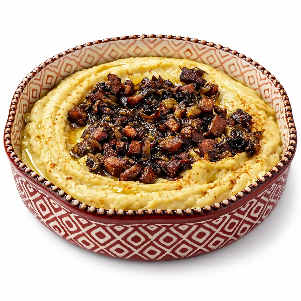A traditional Greek pureed dish made from creamy yellow split peas, topped with sweet caramelized onions and optional cured meat, ideal as a main course or a warm meze to share.