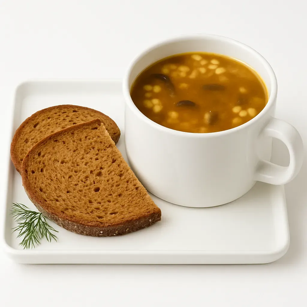 A comforting Eastern European-inspired soup that combines dried mushrooms and smoked pork, perfect for cold evenings, served with dark bread.