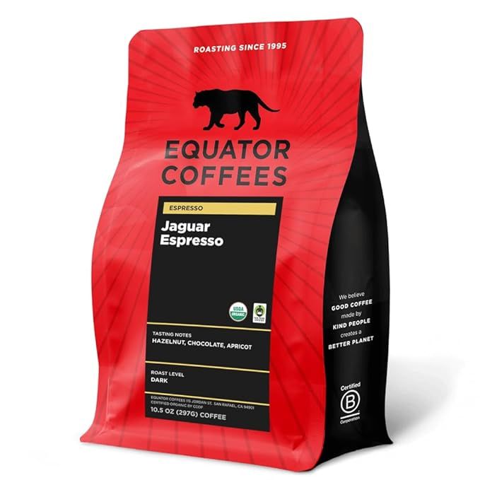 Equator Coffees is a specialty coffee roasting company that sources its beans from sustainable and Fair Trade Certified farms around the world. Their Jaguar Espresso blend is a dark roast that is freshly roasted to perfection.