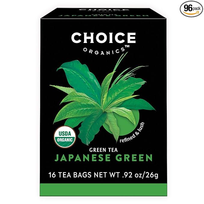 Choice Organics Organic Japanese Green Tea is a high-quality tea made from organic ingredients that are sustainably sourced and free from harmful pesticides and chemicals. This specific product comes in a convenient pack of 6, with each pack containing 16 tea bags, totaling to 96 tea bags in total.