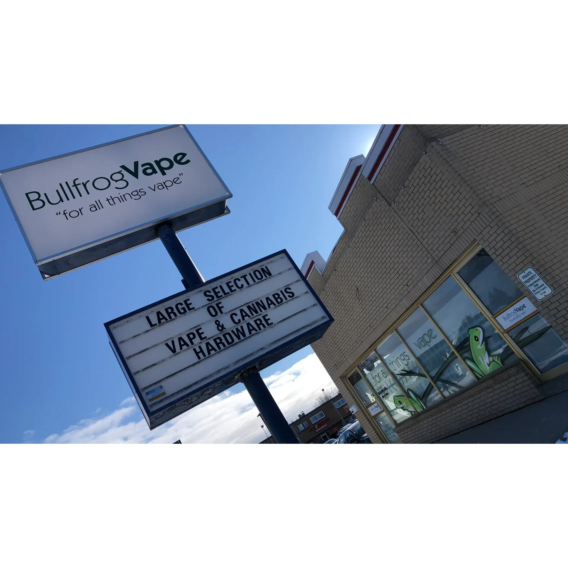 BullfrogVape in Kitcher, ON, has built a reputation as a premier destination for vaping enthusiasts seeking exceptional value, selection, and customer service. Boasting competitive prices on a wide array of e-liquids and a comprehensive range of disposable vaping options, BullfrogVape caters to the needs of both novices and seasoned vapers.

Customers rave about the store's approachable and knowledgeable staff who demonstrate genuine enthusiasm for their work and are always ready to guide patrons through the purchasing process. Whether you are new to the scene or looking to upgrade your vaping experience, the team is committed to providing personalized recommendations tailored to individual preferences and needs.

The store itself recently underwent renovations, resulting in an even more inviting and immaculate atmosphere. The enhancement of the physical space complements the store’s commitment to quality and cleanliness, enriching the overall customer experience. 

Beyond the brick-and-mortar aspects, BullfrogVape shines in its dedication to customer care. Providing a seamless, white-glove shopping experience, the staff is praised for their exceptional communication skills, going above and beyond to ensure customer satisfaction. From owners personally responding to inquiries to ensure timely order fulfillment, BullfrogVape treats customer patronage with the utmost respect and integrity.

Additionally, the warm and friendly employees, especially noted staff members like Tyler, offer a welcoming presence, ensuring that every visit is met with a smile and knowledgeable assistance, free of any pressure to purchase. 

BullfrogVape has positioned itself as the ideal spot for all vaping needs, where fair pricing, high-quality products, and unmatched service come together to create a truly great place for the vaping community in Kitchener. Whether in-store or through their meticulous order handling, BullfrogVape stands out as a reliable and customer-centric business in the vaping industry. Description by ChatGPT.