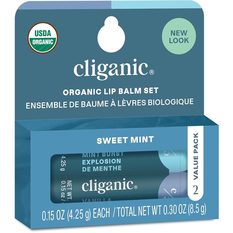 Cliganic Organic Lip Balm 2 pack in Sweet Mint is a natural and soothing solution for chapped and dry lips. Made with 100% organic ingredients, this lip balm is free from harmful chemicals, parabens, and synthetic fragrances. The sweet mint flavor provides a refreshing and cooling sensation, perfect for everyday use.