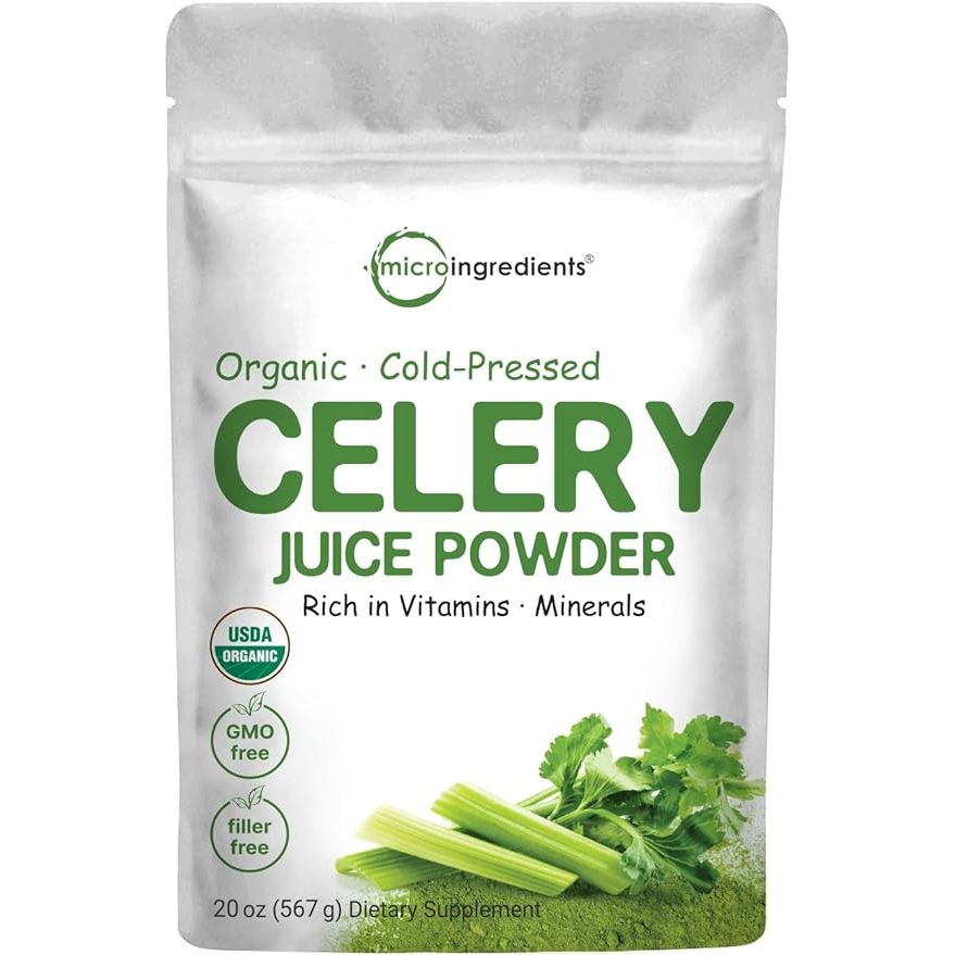 Introducing Micro Ingredients Organic Celery Powder, a nutrient-rich superfood packed with vitamins, minerals, antioxidants, and amino acids. Each 20 ounce container contains 71 servings of cold-pressed, non-GMO, and vegan celery juice powder.